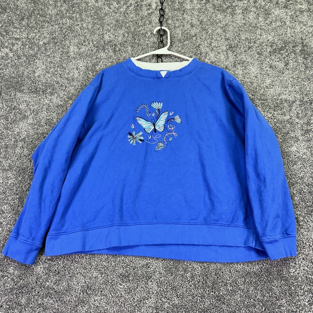 Gold Coast Sweatshirt Womens XXL Blue Butterfly Floral Embroidered Crew Neck